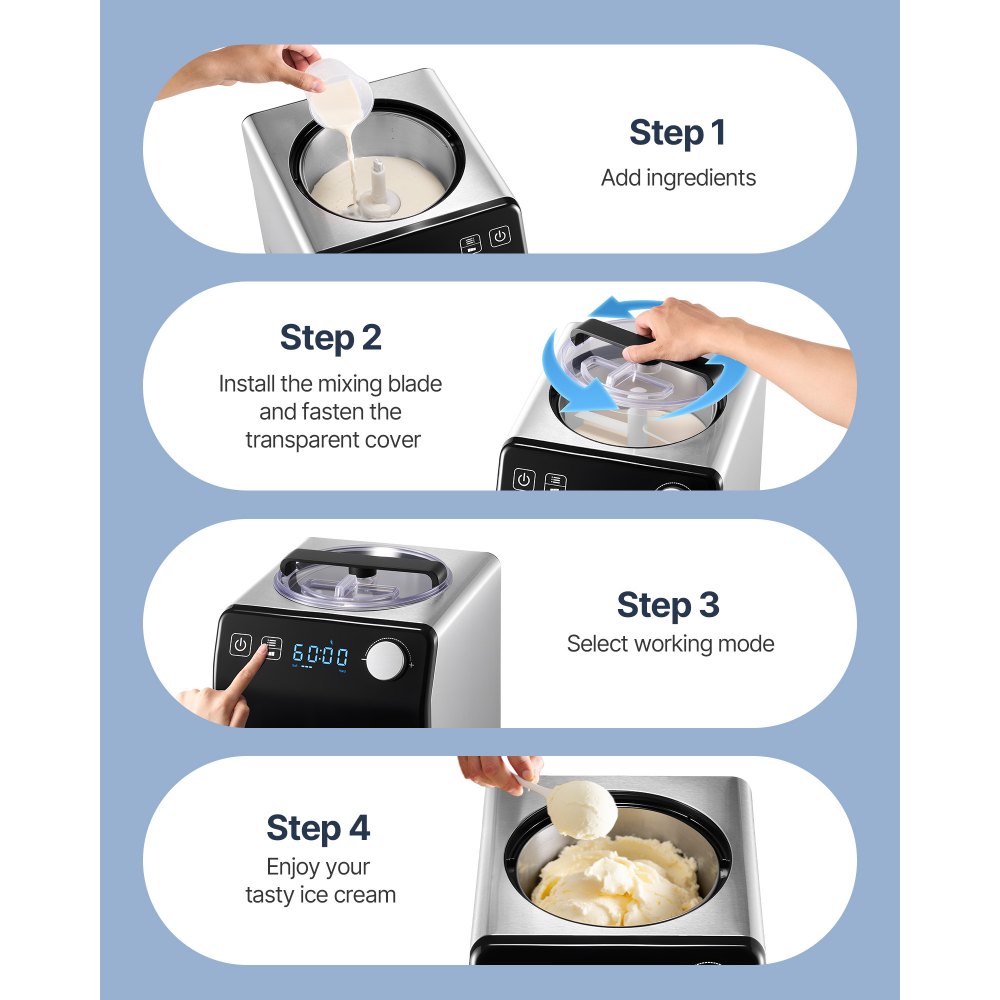 VEVOR Compressor Ice Cream Maker, 2L Capacity, 180W, Frozen Yogurt Maker, 3 Modes, Portable Ice Cream Maker for Sorbet, Gelato, Low Noise, Black, Electric