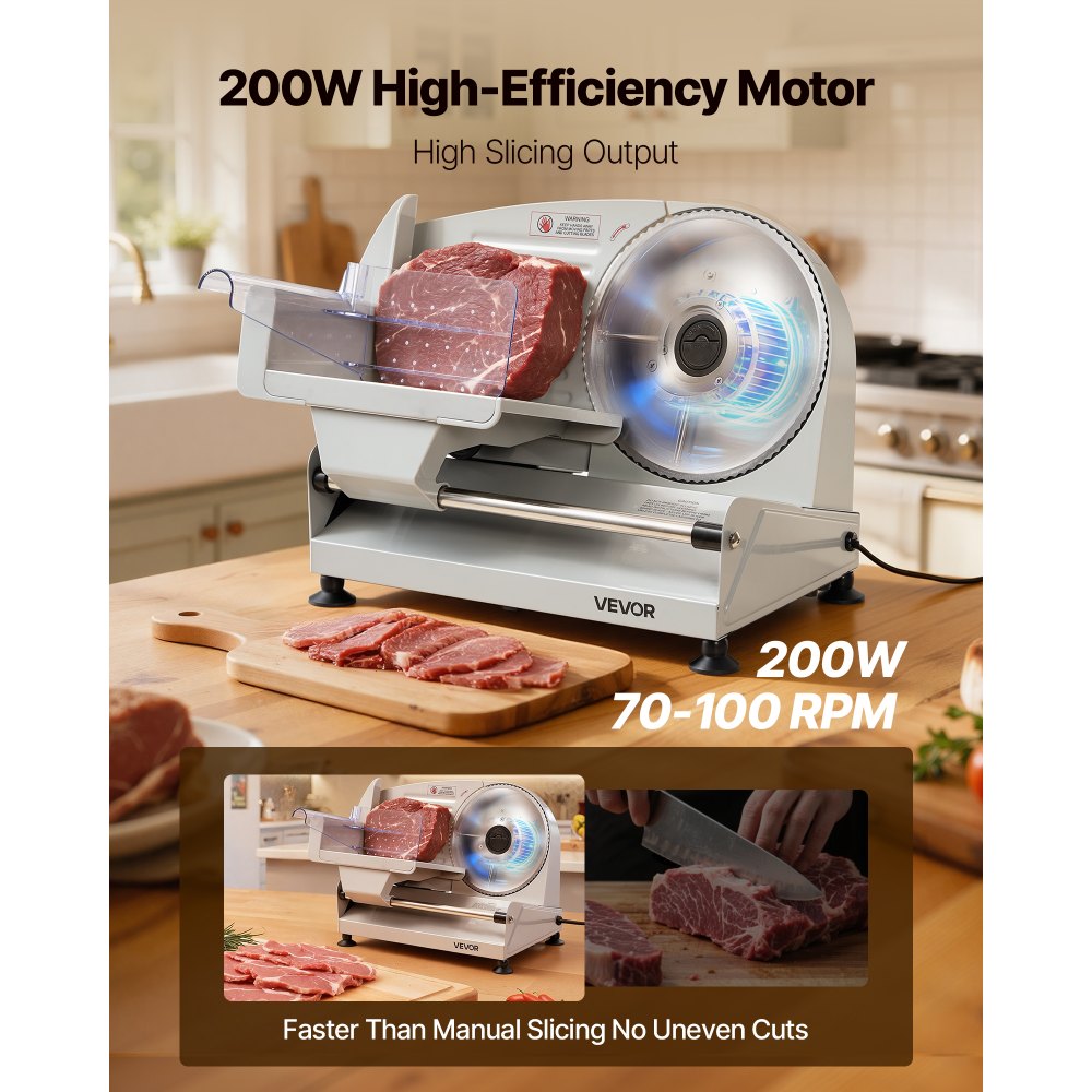 VEVOR Cortadora de Fiambre Eléctrica 200 W, Cortafiambres Eléctrico con Cuchilla SUS420 de 190 mm, Grosor Ajustable de 0 a 15 mm, Velocidad de Corte de 75 a 100 RPM, para Carne Congelada, Baguette