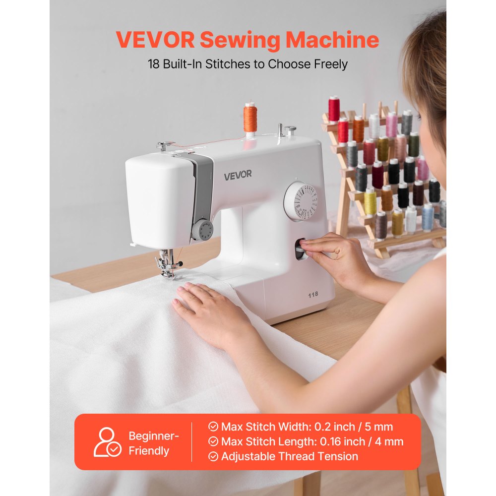 VEVOR Sewing Machine, 18 Stitch Applications, with LED Light and Foot Pedal, Simple Dial Control, Interior Metal Frame, Lightweight and Portable Beginner Sewing Machine for Adults Crafts and Mending