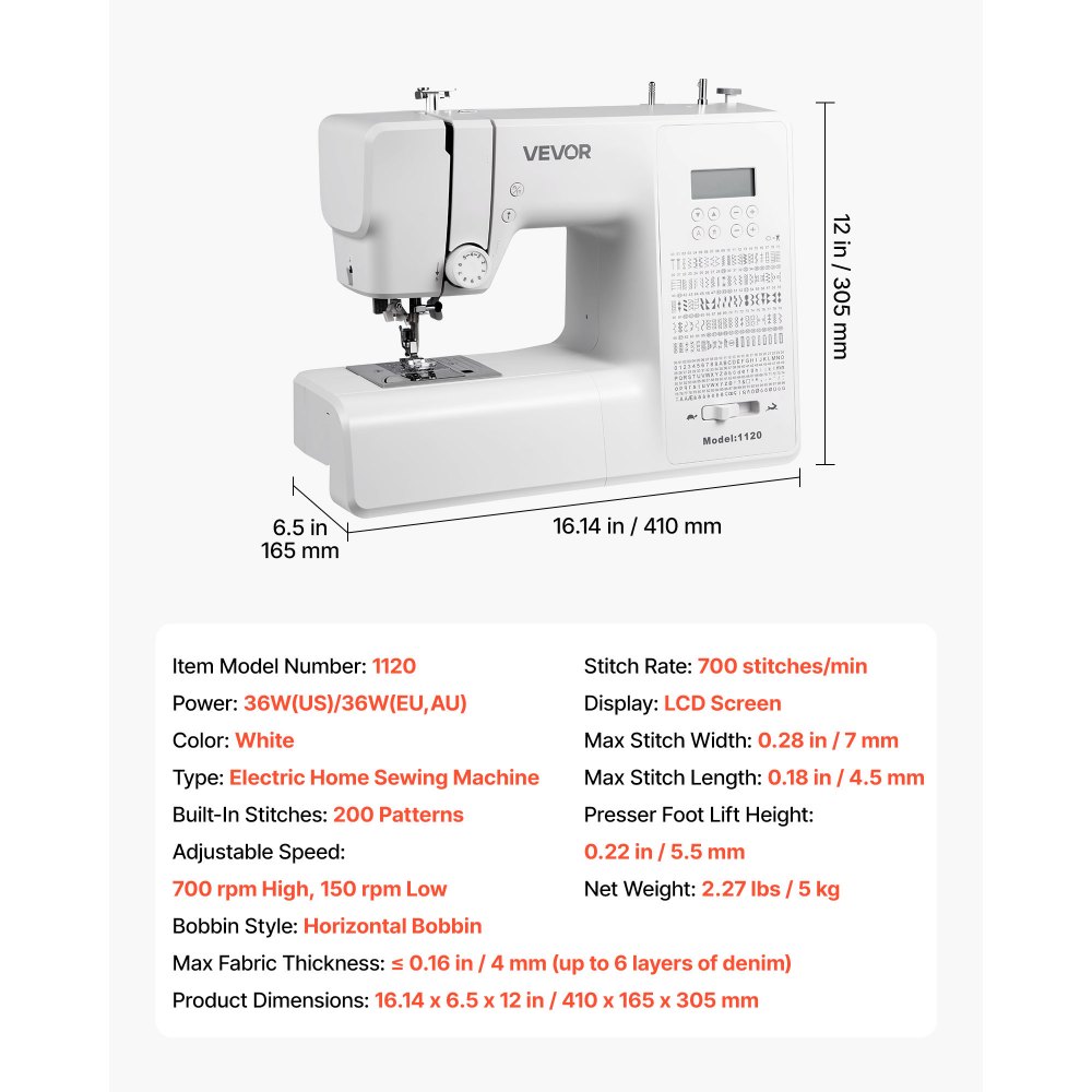 VEVOR Computerized Sewing Machine, 200 Stitch Applications, with LCD Screen, Foot Pedal and LED Light, Heavy-Duty Metal Frame, Digital Sewing Machine with Powerful Motor for Crafts and Mending