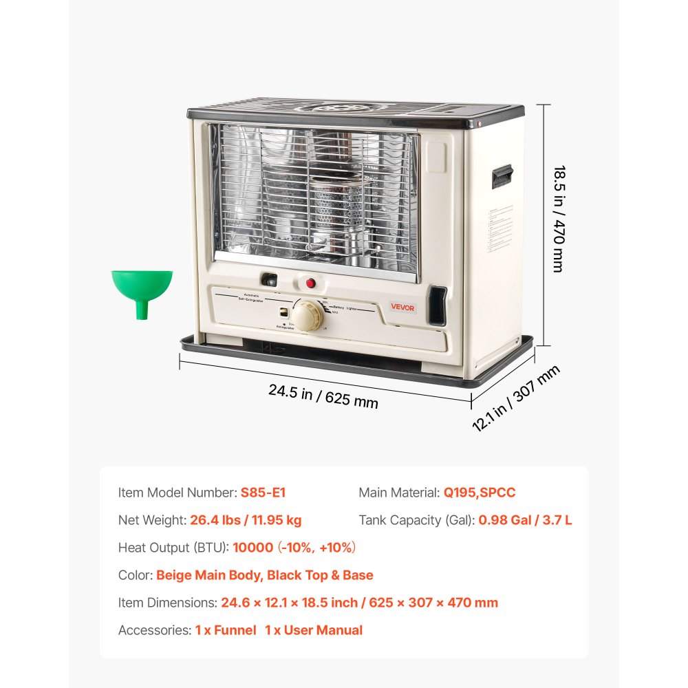 VEVOR Calefactor de Queroseno 10 000 BTU, Portátil, 14 L, con Apagado Automático, Llama Ajustable y Protección Antivuelco, para Casa, Garaje, Sótano, Camping, Taller y Emergencias, Color Negro