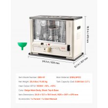 VEVOR Calefactor de Queroseno 10 000 BTU, Portátil, 14 L, con Apagado Automático, Llama Ajustable y Protección Antivuelco, para Casa, Garaje, Sótano, Camping, Taller y Emergencias, Color Negro