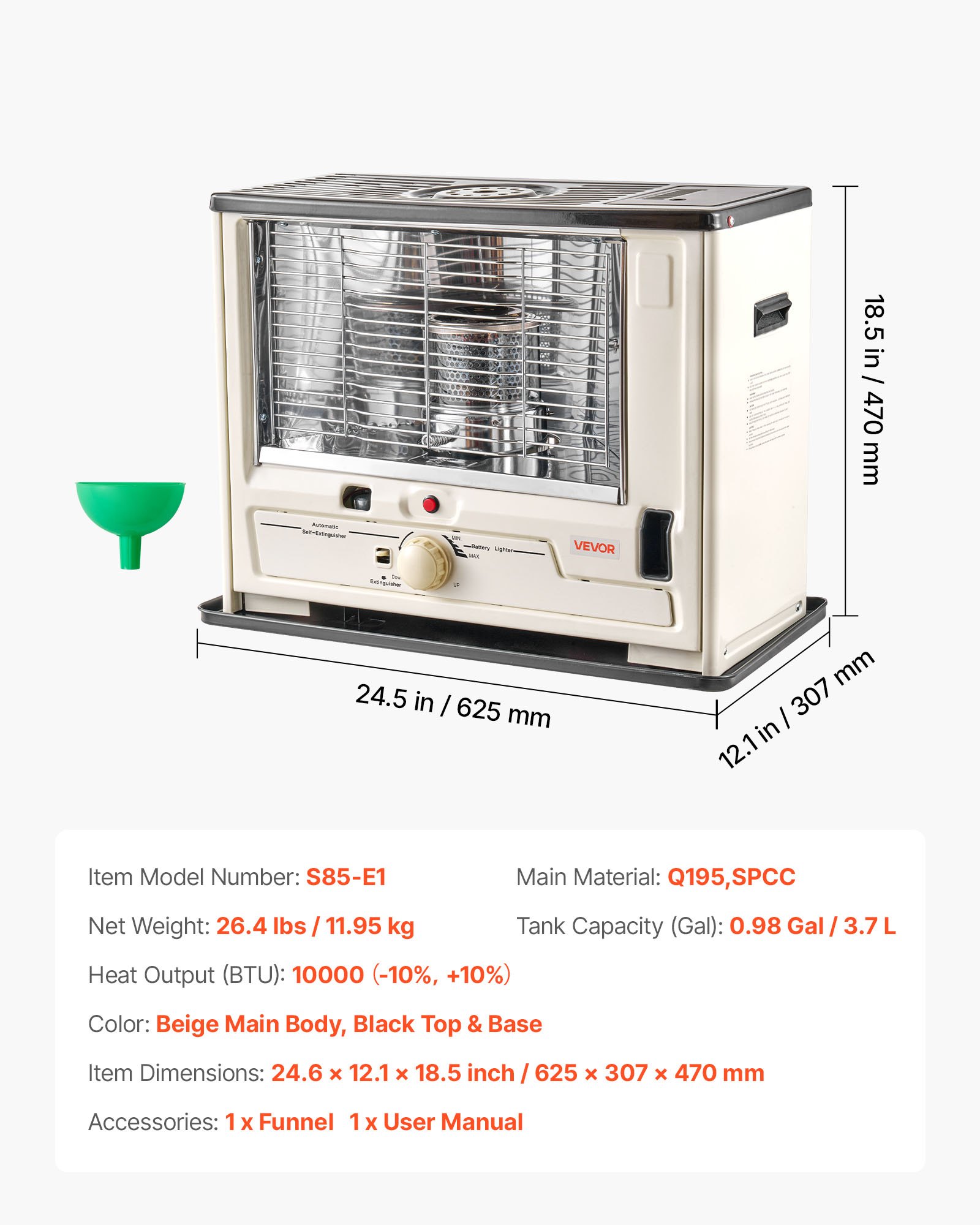 VEVOR Calefactor de Queroseno 10 000 BTU, Portátil, 14 L, con Apagado Automático, Llama Ajustable y Protección Antivuelco, para Casa, Garaje, Sótano, Camping, Taller y Emergencias, Color Negro