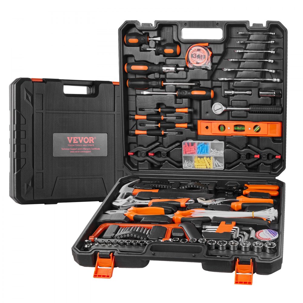 Kit de herramientas VEVOR con diversas herramientas manuales en un estuche portátil negro y naranja.