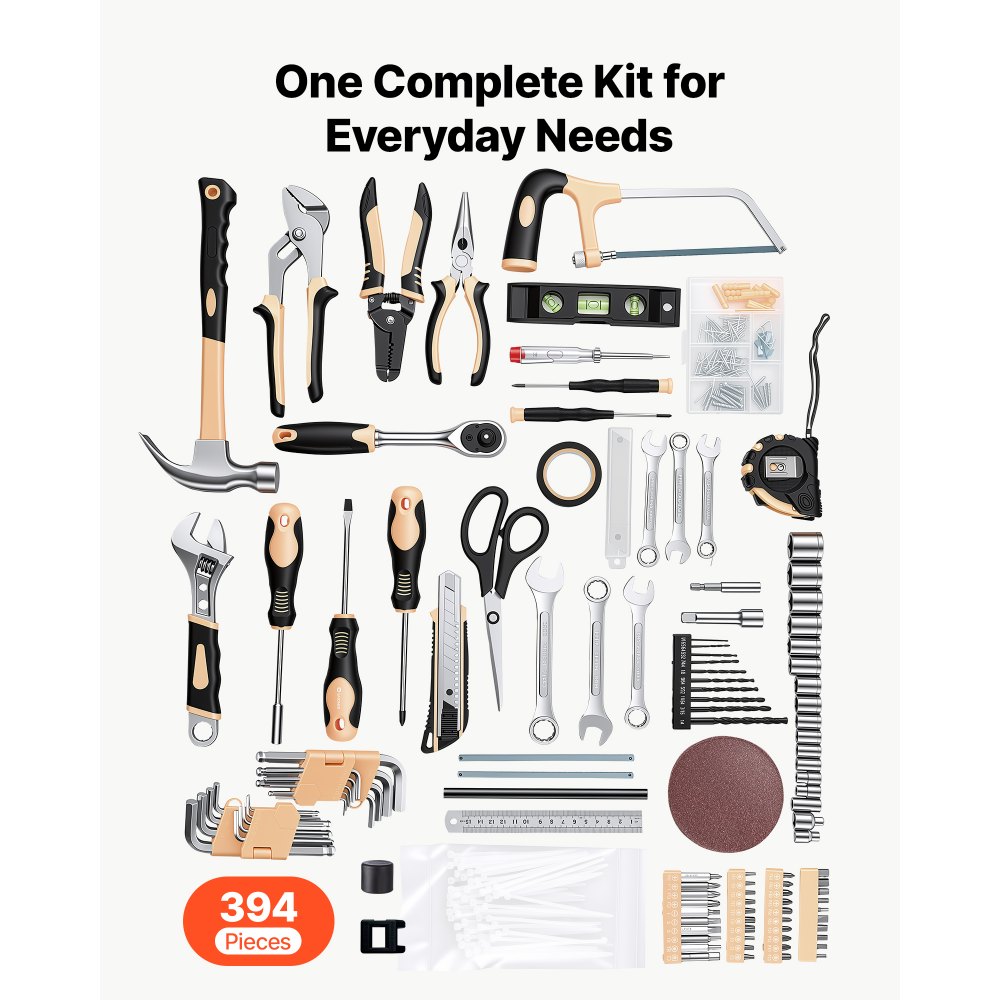 VEVOR Caja de Herramientas Completa 394 Pcs Kit de Herramientas para Casa, para Bricolaje, Arreglos Diarios, Mantenimiento, con Martillo, Llaves, Alicates, Brocas, Estuche con Cajón, Acero al Carbono