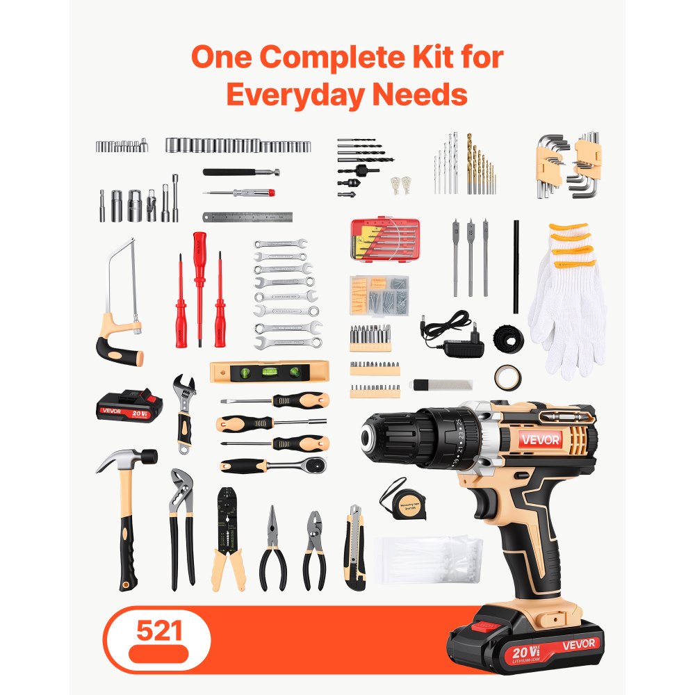 VEVOR 521 Piezas Kit de Herramientas Completo de Uso General para el Hogar, para Arreglos Diarios, Mantenimiento y Bricolaje, con Taladro, Brocas, Destornilladores, Maletín de Transporte con Mango