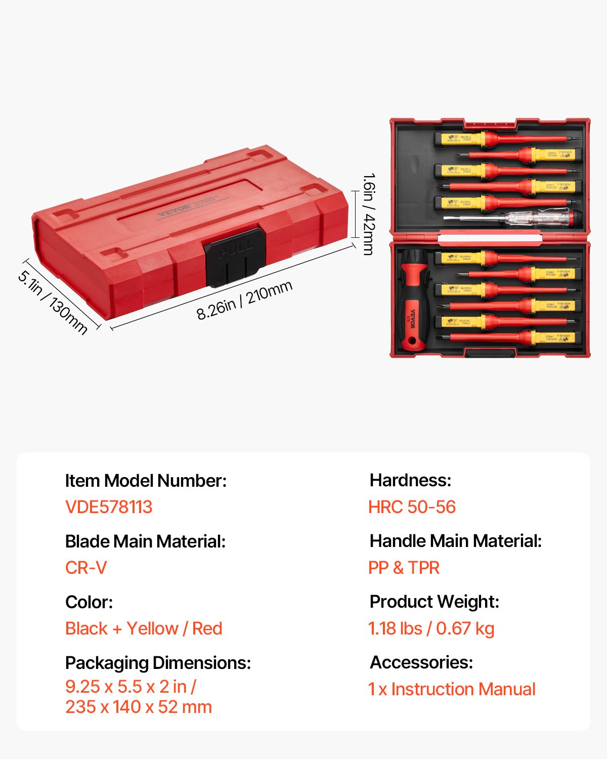 VEVOR Juego de Destornilladores Aislados de 1000 V, 13 PCS Juego de Herramientas Eléctricos Profesionales con Puntas Magnéticas, Phillips Ranuradas Pozi Torx Destornilladores para Electricistas