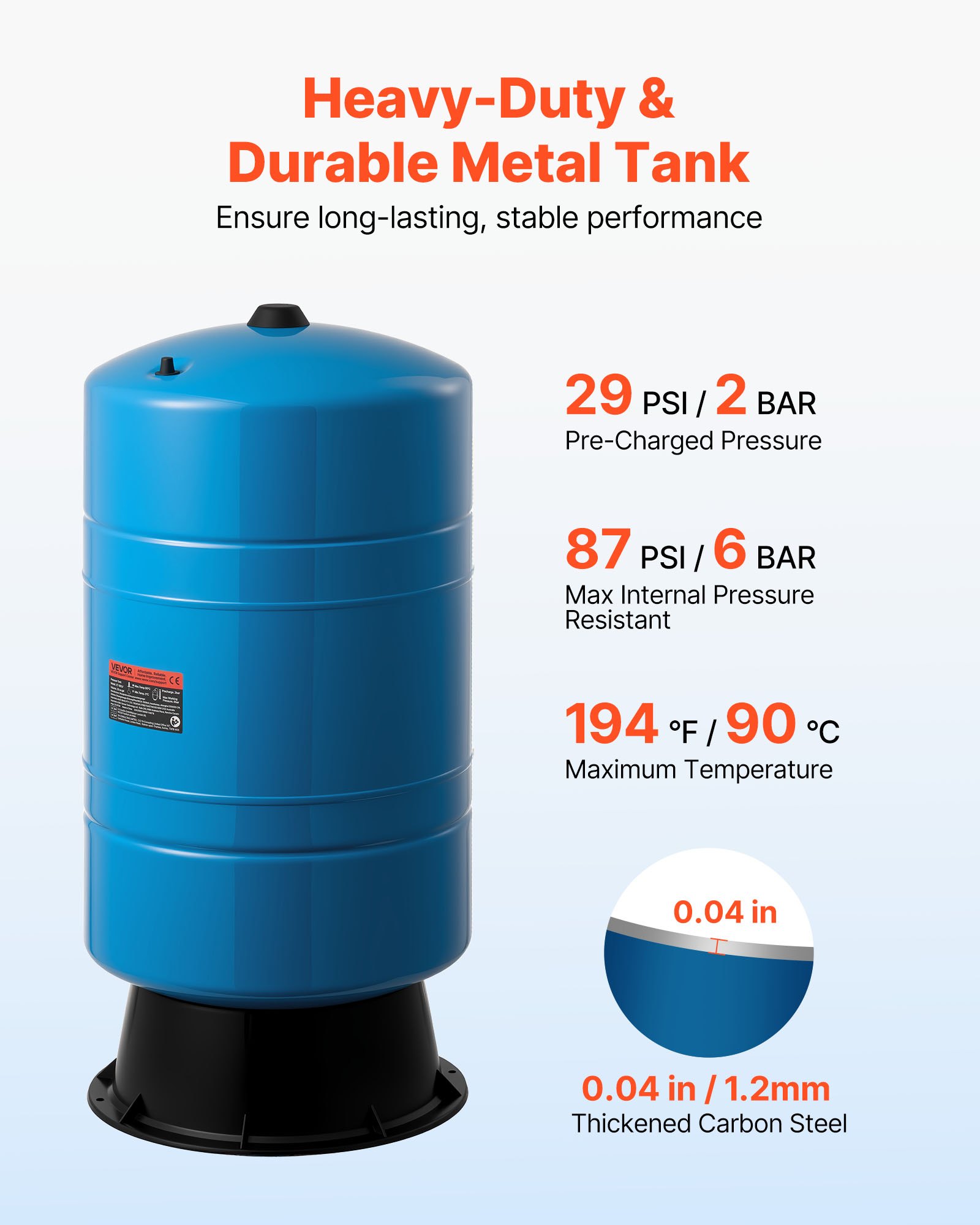 VEVOR Tanque de Presión para Pozos Verticales, 75,7 L, para Bombas de Pozo, Contenedor de Almacenamiento de Agua de Acero al Carbono para Hogares, Escuelas, Granjas y Sistemas de Riego, Azul
