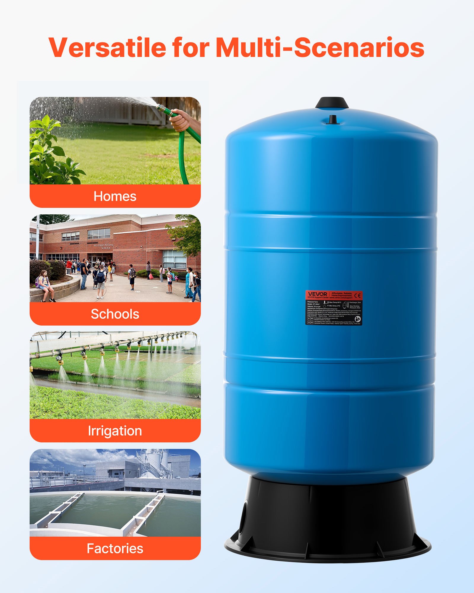 VEVOR Tanque de Presión para Pozos Verticales, 75,7 L, para Bombas de Pozo, Contenedor de Almacenamiento de Agua de Acero al Carbono para Hogares, Escuelas, Granjas y Sistemas de Riego, Azul
