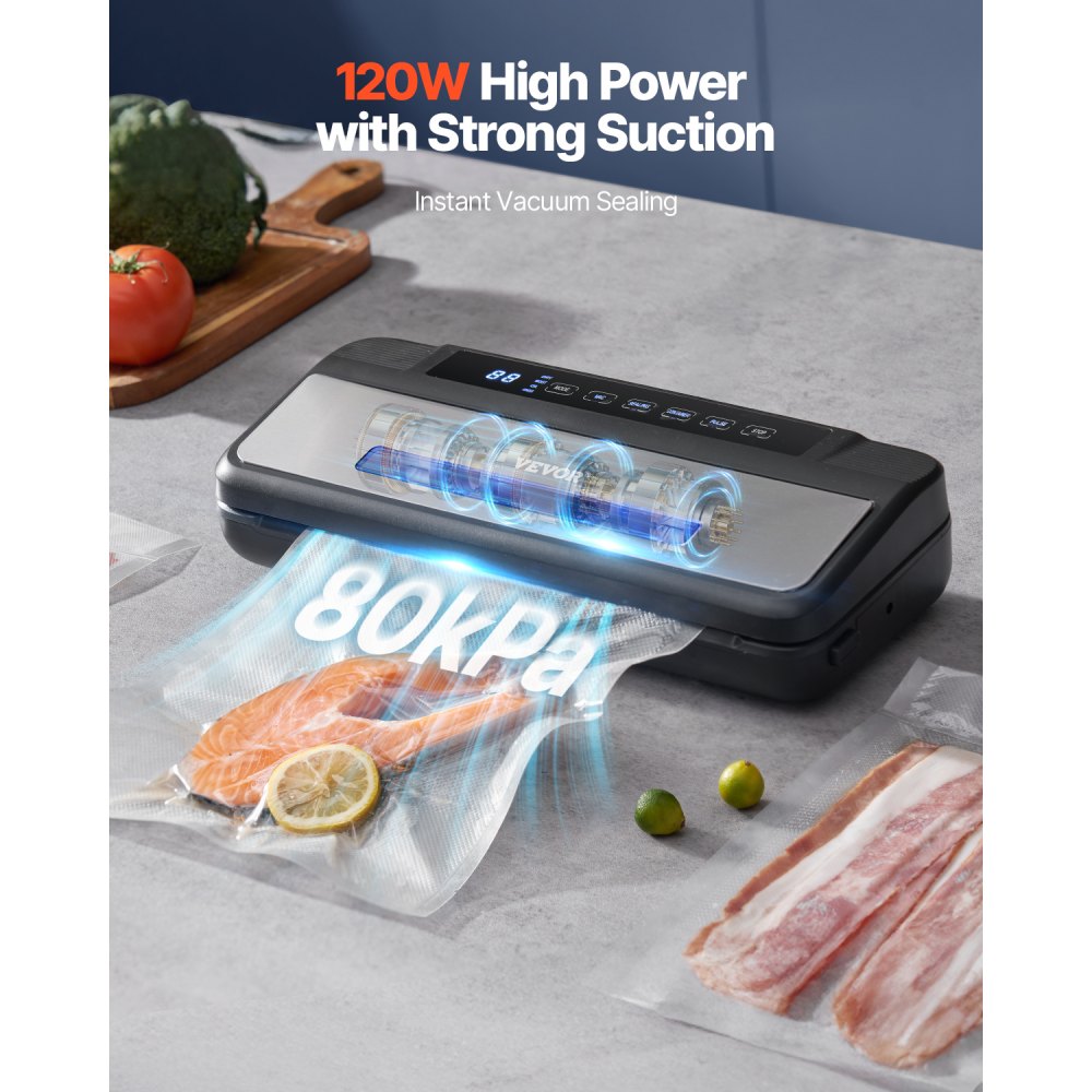 VEVOR 120 W 80 kPa 7 en 1 Máquina Selladora al Vacío de Alimentos de 384 x 156 x 88 mm, Sistema Automático de Sellado de Aire con Cortador Incorporado con 10 Bolsas de Vacío y 1 Rollo de Bolsas