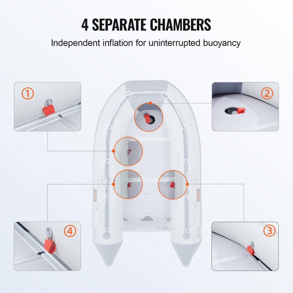 VEVOR Bote inflable, bote inflable para 4 personas, con piso de madera marina y banco de aluminio ajustable, carga 1000 libras, remos de aluminio, bomba de aire y bolsa de transporte