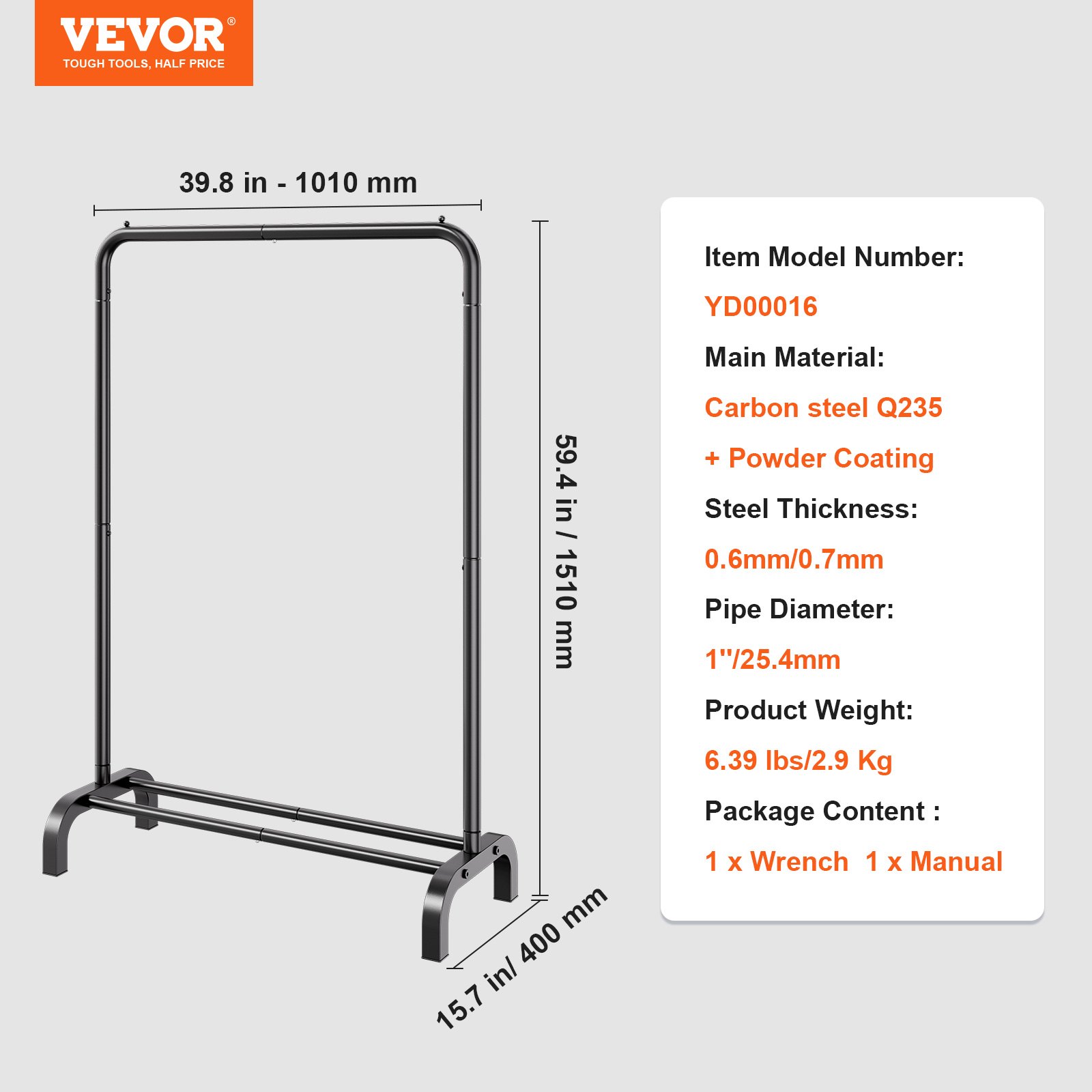 Perchero VEVOR con dimensiones y especificaciones, incluido acero al carbono q235 y recubrimiento en polvo.
