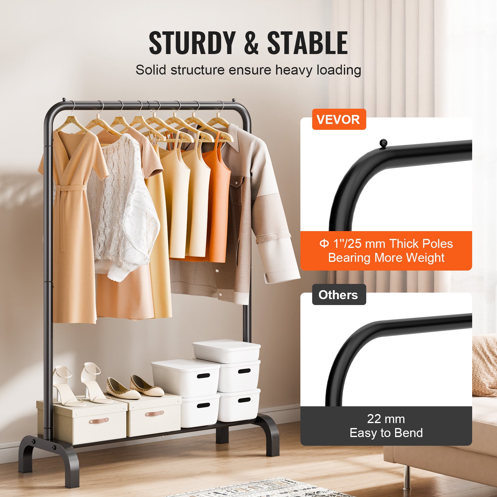 VEVOR Perchero Burro para Ropa de 1 Barra Largo de 1010 mm Alto de 1510 mm Perchero de Acero al Carbono con Zapatero en Parte Inferior Perchero de Pie para Guardar Ropas Zapatos en Dormitorio, Negro