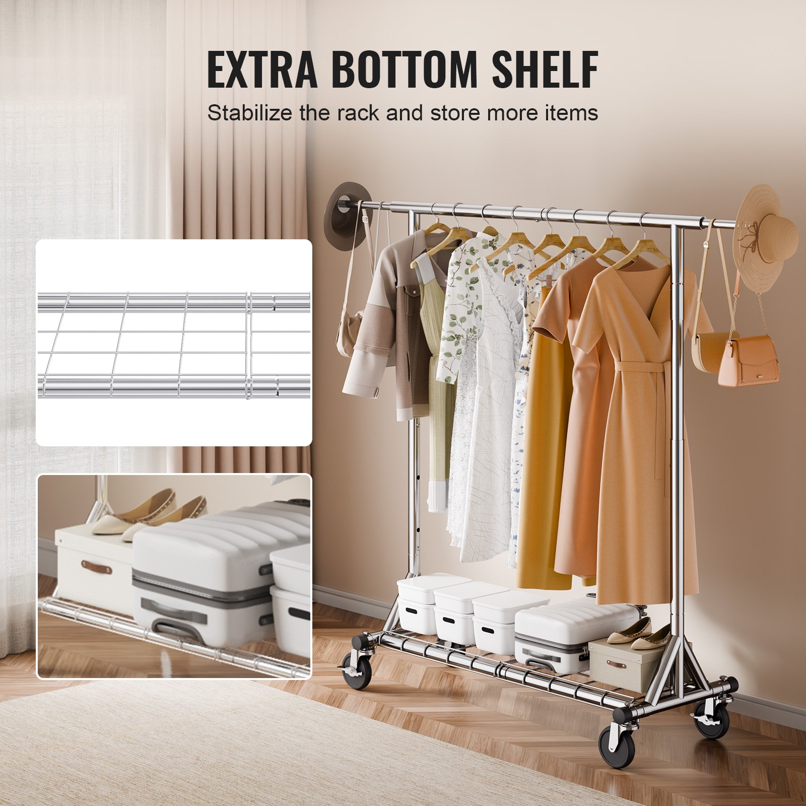 VEVOR Perchero Burro para Ropa con 4 Ruedas 1 Estante y 1 Barra Extensible 128-187 cm Altura de 145-188 cm Perchero de Acero Carga de 204 kg Perchero de Pie para Guardar Ropas Zapatos en Dormitorio