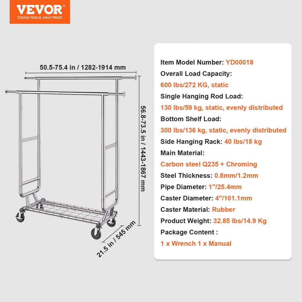 VEVOR Perchero Burro para Ropa con 4 Ruedas de 1 Estante y 2 Barras Longitud Extensible de 128-191 cm Altura de 144-187 cm Perchero de Acero Carga de 272 kg para Almacenaje de Ropas en Dormitorios