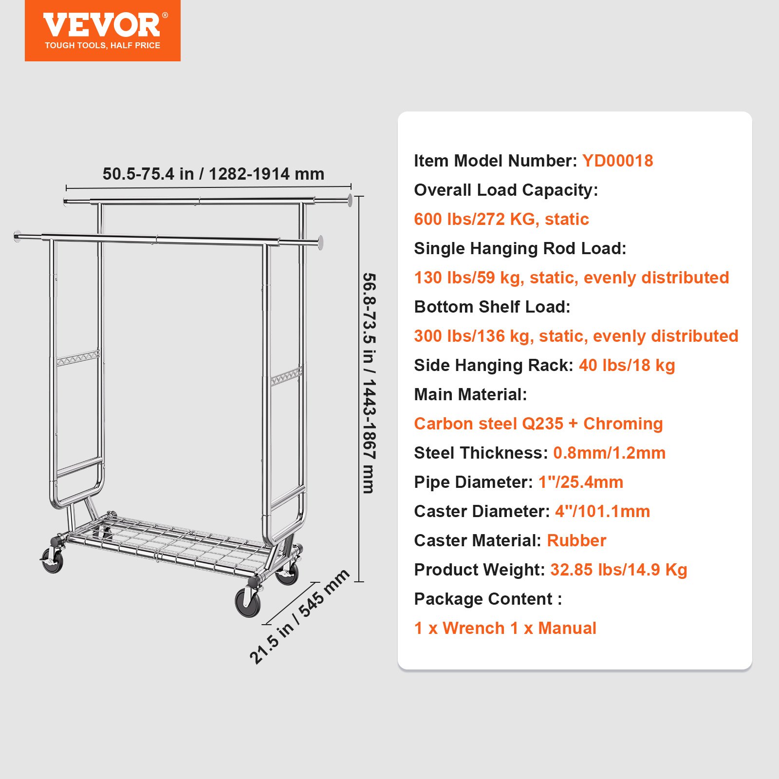 VEVOR Perchero Burro para Ropa con 4 Ruedas de 1 Estante y 2 Barras Longitud Extensible de 128-191 cm Altura de 144-187 cm Perchero de Acero Carga de 272 kg para Almacenaje de Ropas en Dormitorios