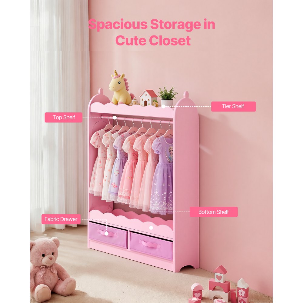 VEVOR Armario de Disfraces para Niños con Espejo, Perchero Infantil con Cajones, Organizador de Ropa, Mueble de Madera Estilo Cuento de Hadas con Barra y Compartimentos para Dormitorio, Juegos, Rosa