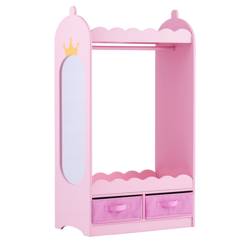 VEVOR Armario de Disfraces para Niños con Espejo, Perchero Infantil con Cajones, Organizador de Ropa, Mueble de Madera Estilo Cuento de Hadas con Barra y Compartimentos para Dormitorio, Juegos, Rosa