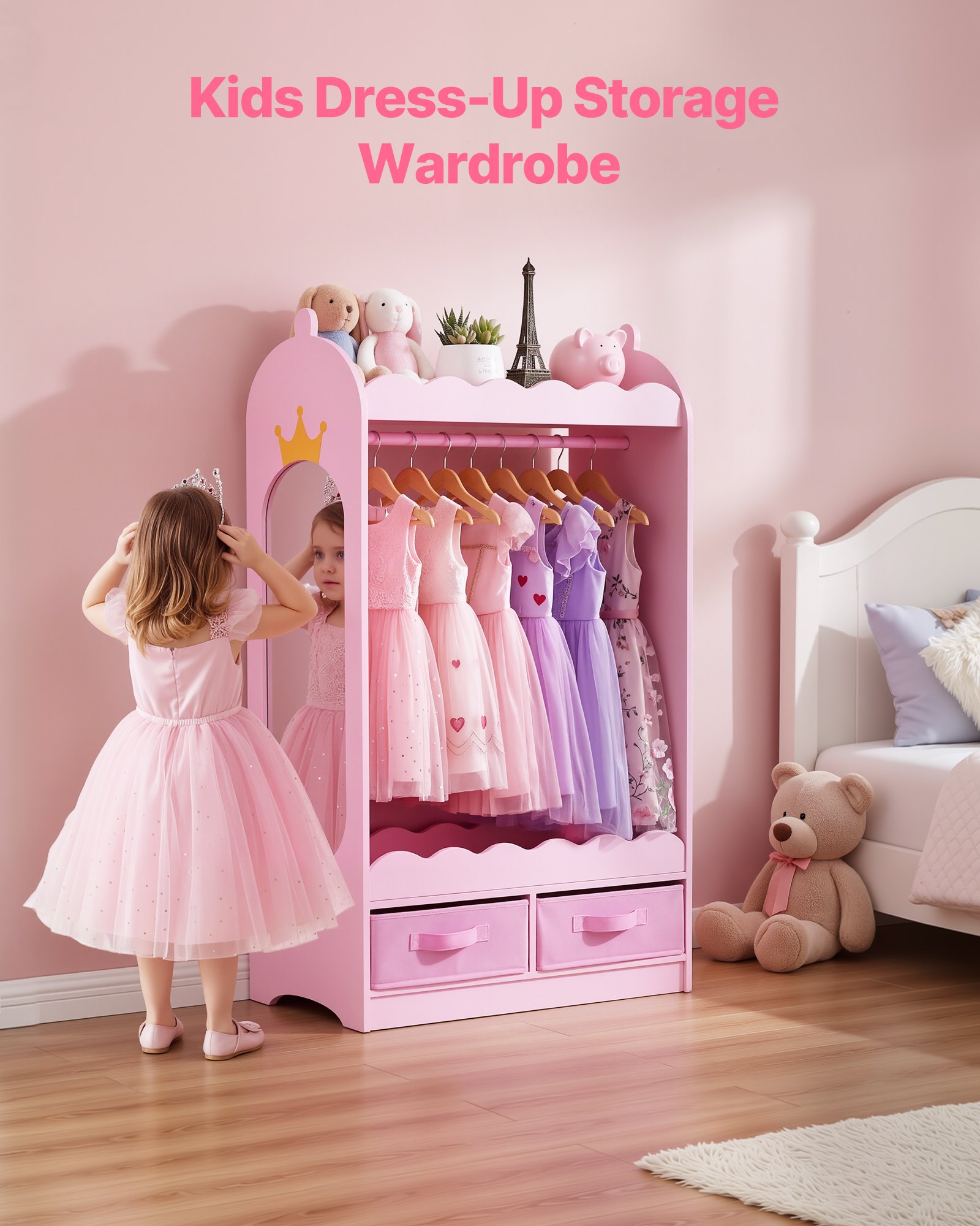 VEVOR Armario de Disfraces para Niños con Espejo, Perchero Infantil con Cajones, Organizador de Ropa, Mueble de Madera Estilo Cuento de Hadas con Barra y Compartimentos para Dormitorio, Juegos, Rosa