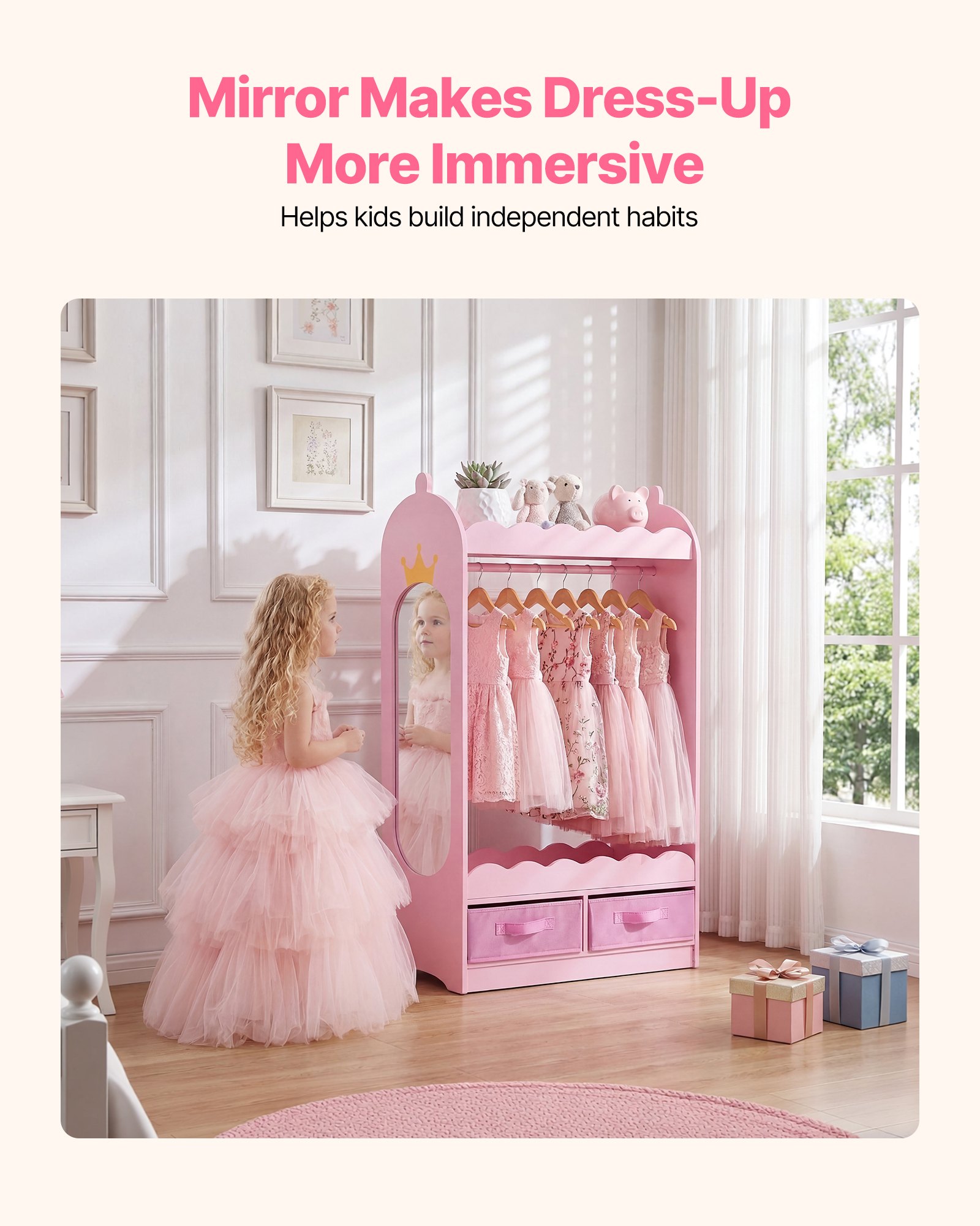 VEVOR Armario de Disfraces para Niños con Espejo, Perchero Infantil con Cajones, Organizador de Ropa, Mueble de Madera Estilo Cuento de Hadas con Barra y Compartimentos para Dormitorio, Juegos, Rosa