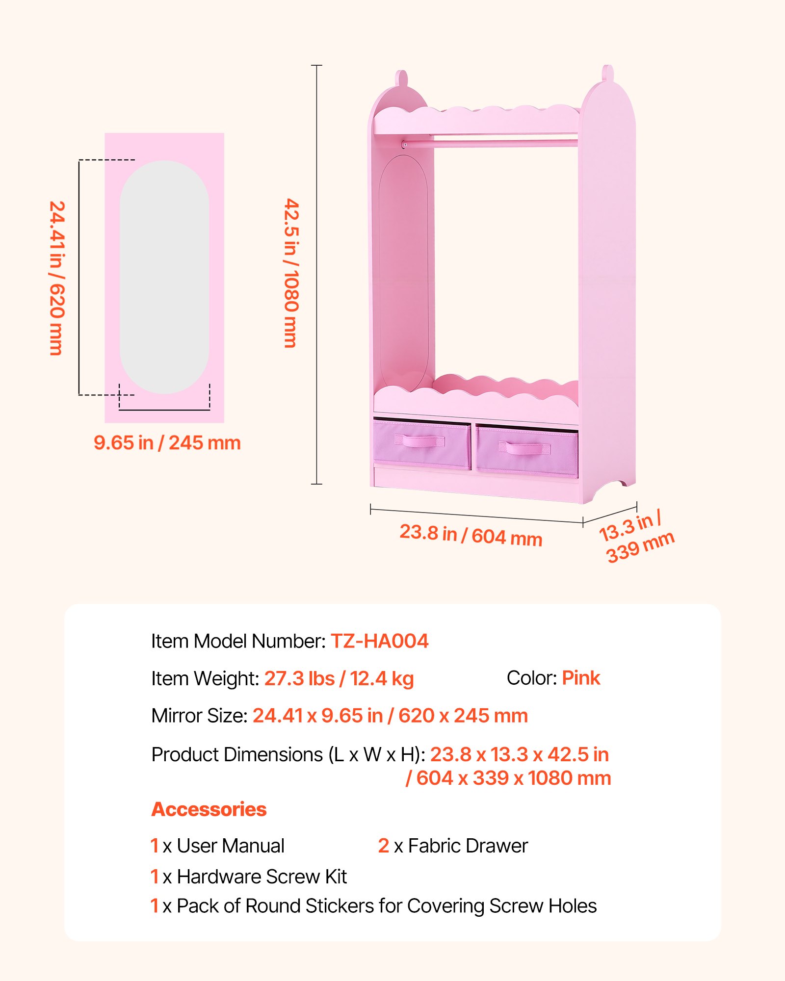 VEVOR Armario de Disfraces para Niños con Espejo, Perchero Infantil con Cajones, Organizador de Ropa, Mueble de Madera Estilo Cuento de Hadas con Barra y Compartimentos para Dormitorio, Juegos, Rosa