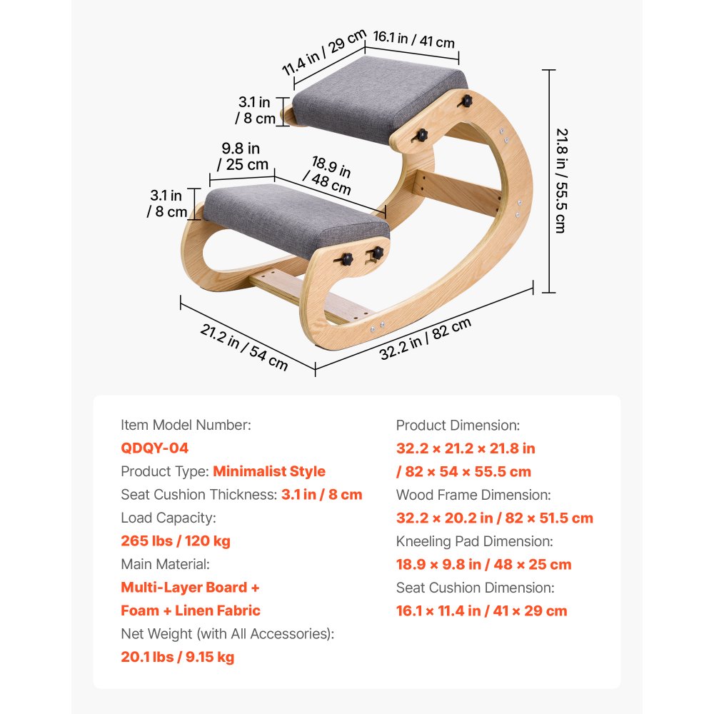 VEVOR Silla Ergonómica de Rodillas con Estructura de Madera, Cojines de Espuma Gruesa Ajustables Grises, Taburete para Rodillas Carga de 120 kg, Relajación de Cuello y Espalda para Hogar, Oficina