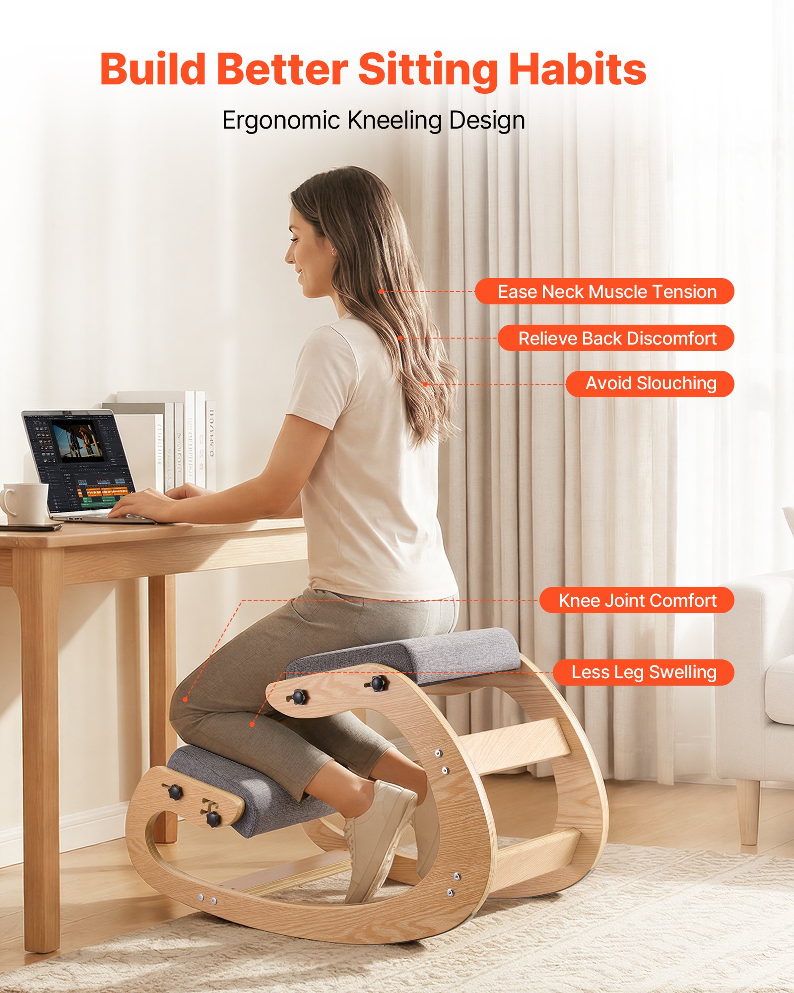 VEVOR Silla Ergonómica de Rodillas con Estructura de Madera, Cojines de Espuma Gruesa Ajustables Grises, Taburete para Rodillas Carga de 120 kg, Relajación de Cuello y Espalda para Hogar, Oficina