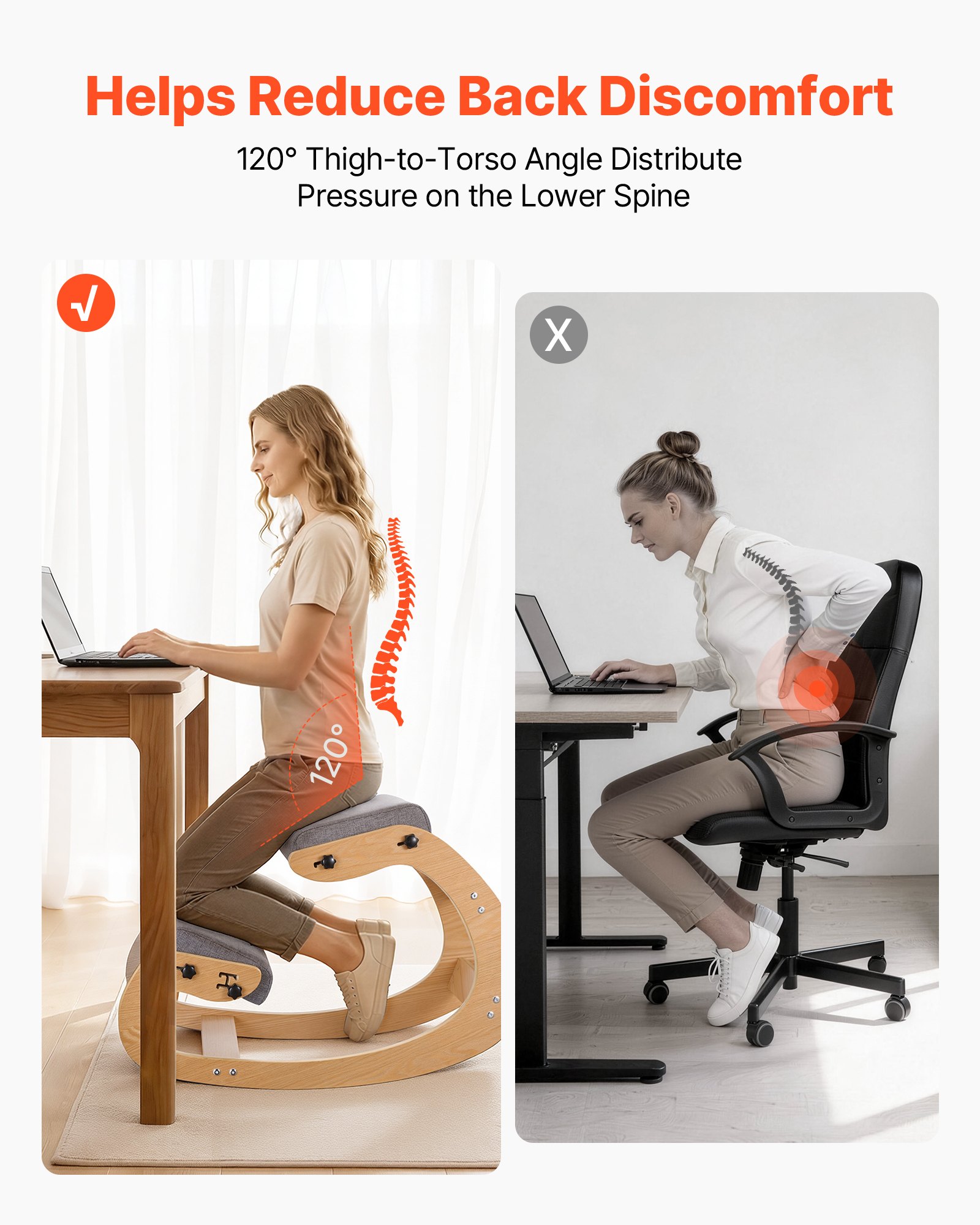 VEVOR Silla Ergonómica de Rodillas con Estructura de Madera, Cojines de Espuma Gruesa Ajustables Grises, Taburete para Rodillas Carga de 120 kg, Relajación de Cuello y Espalda para Hogar, Oficina