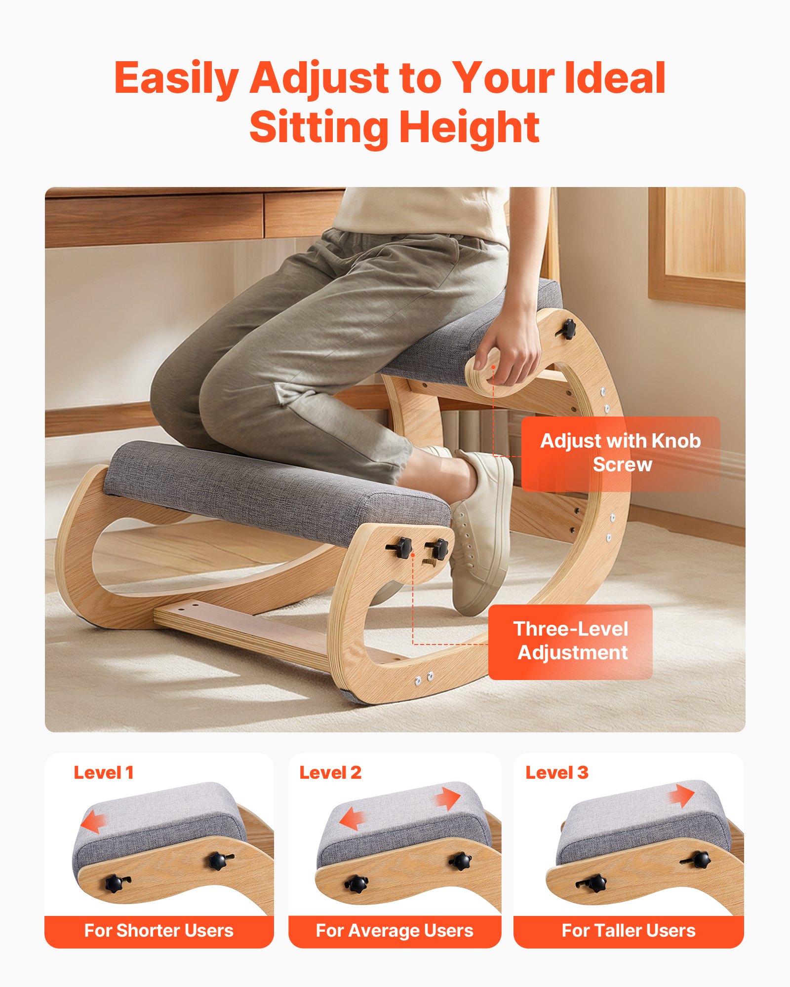 VEVOR Silla Ergonómica de Rodillas con Estructura de Madera, Cojines de Espuma Gruesa Ajustables Grises, Taburete para Rodillas Carga de 120 kg, Relajación de Cuello y Espalda para Hogar, Oficina