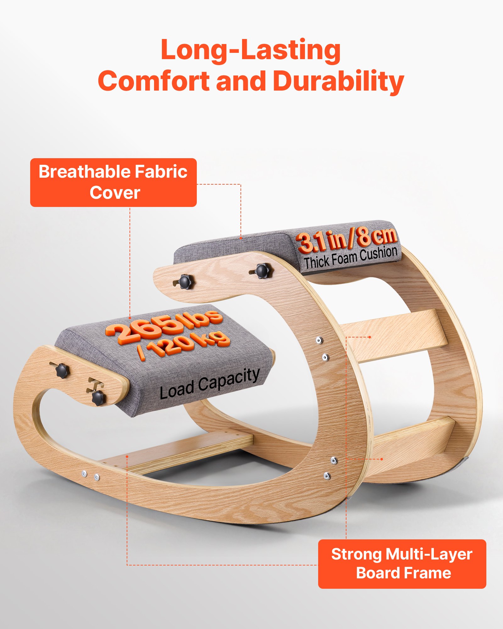 VEVOR Silla Ergonómica de Rodillas con Estructura de Madera, Cojines de Espuma Gruesa Ajustables Grises, Taburete para Rodillas Carga de 120 kg, Relajación de Cuello y Espalda para Hogar, Oficina