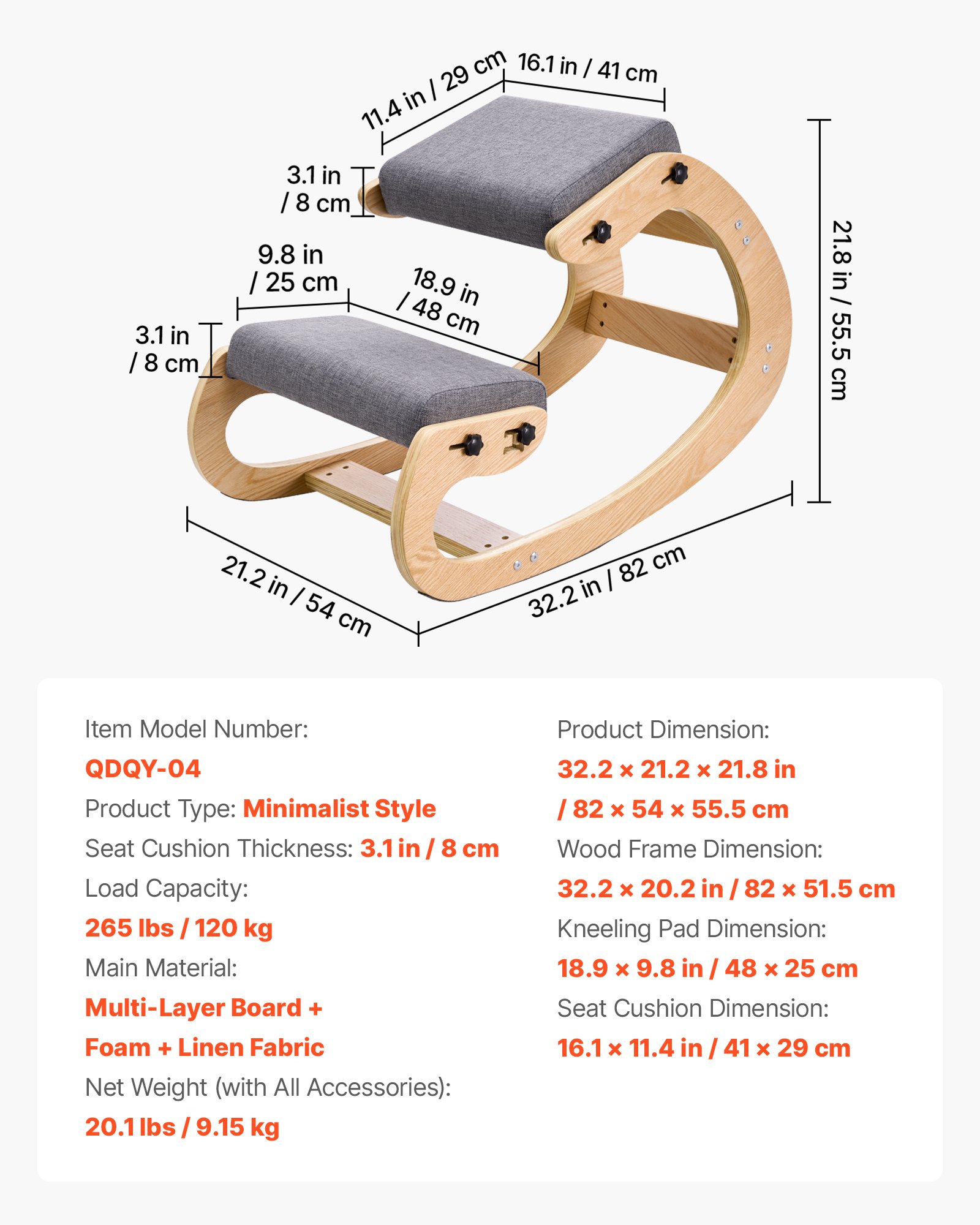 VEVOR Silla Ergonómica de Rodillas con Estructura de Madera, Cojines de Espuma Gruesa Ajustables Grises, Taburete para Rodillas Carga de 120 kg, Relajación de Cuello y Espalda para Hogar, Oficina