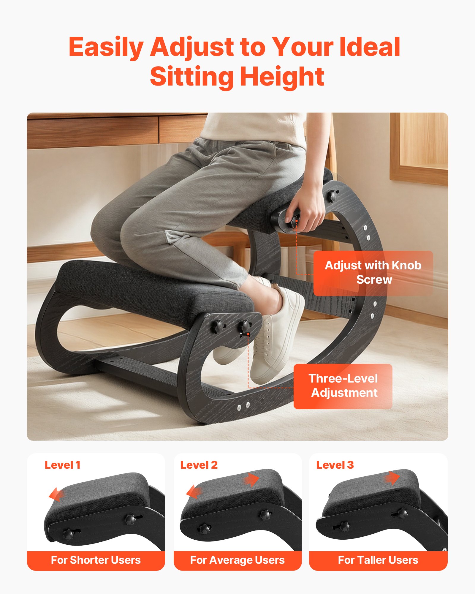 VEVOR Silla Ergonómica de Rodillas con Estructura de Madera, Cojines de Espuma Gruesa Ajustables, Taburete para Rodillas Carga de 120 kg, Relajación de Cuello y Espalda para Hogar, Oficina, Negro