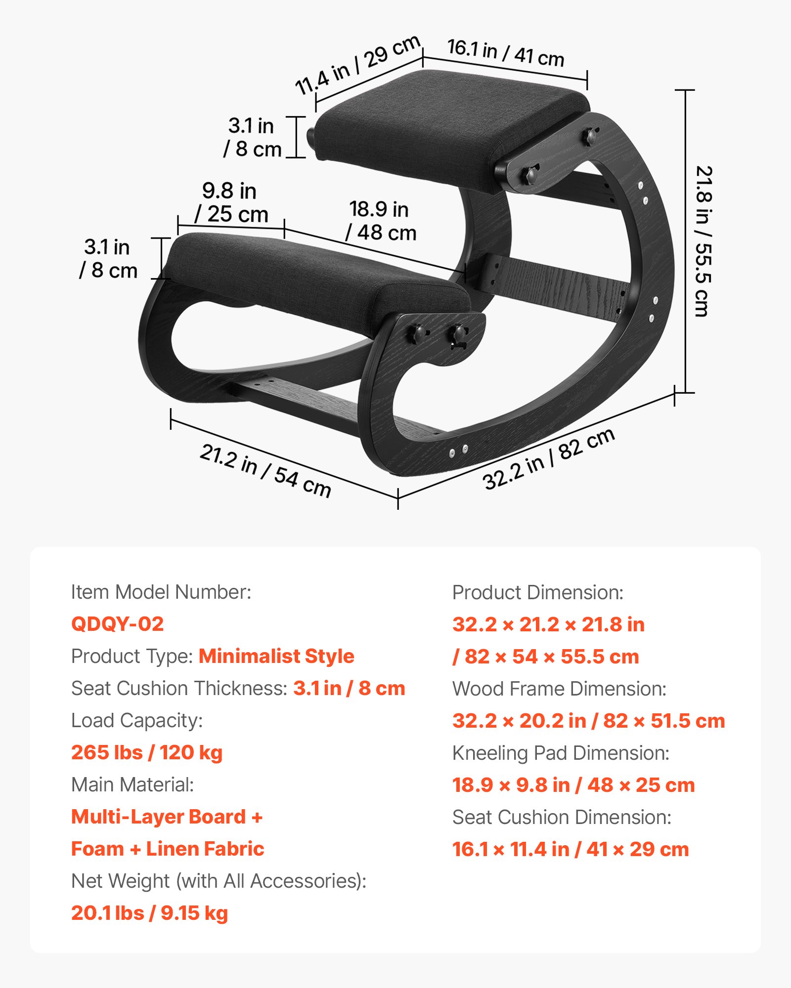 VEVOR Silla Ergonómica de Rodillas con Estructura de Madera, Cojines de Espuma Gruesa Ajustables, Taburete para Rodillas Carga de 120 kg, Relajación de Cuello y Espalda para Hogar, Oficina, Negro