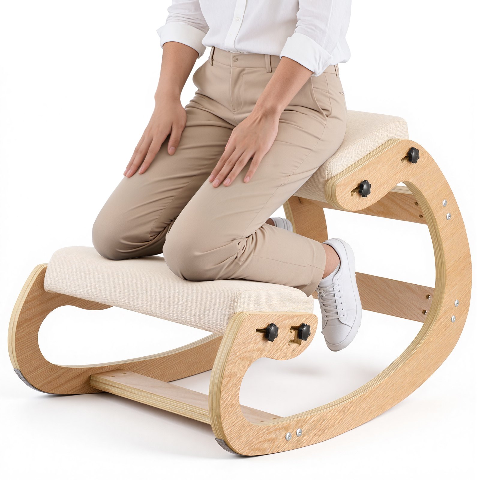 VEVOR Silla Ergonómica de Rodillas con Estructura de Madera, Cojines de Espuma Gruesa Ajustables Beiges, Taburete para Rodillas Carga de 120 kg, Relajación de Cuello y Espalda para Hogar, Oficina