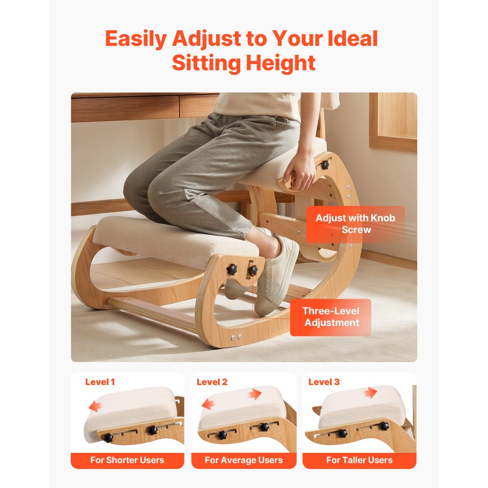 VEVOR Silla Ergonómica de Rodillas con Respaldo, Taburete para Rodillas Estructura de Madera, Cojines de Espuma Gruesa Ajustables, Carga de 120 kg, Relajación de Cuello y Espalda para Hogar, Oficina