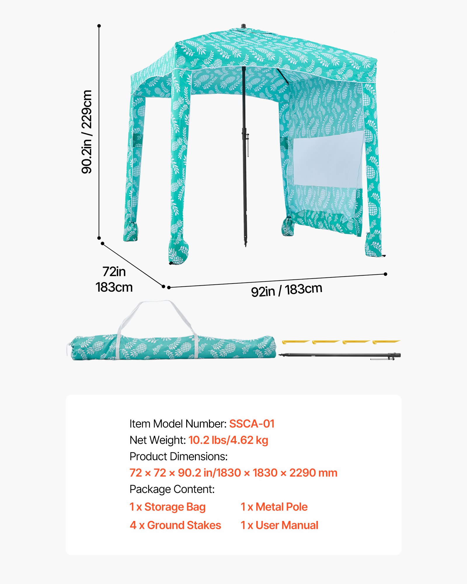 VEVOR Beach Cabana, 1.83 x 1.83 m Beach Canopy with Side Wall, UPF 50+ Protection Easy Setup Cabana Tent with Sand Pockets, Large Portable Shade Sun Shelter Outdoor Umbrella for Whole Family & Friends