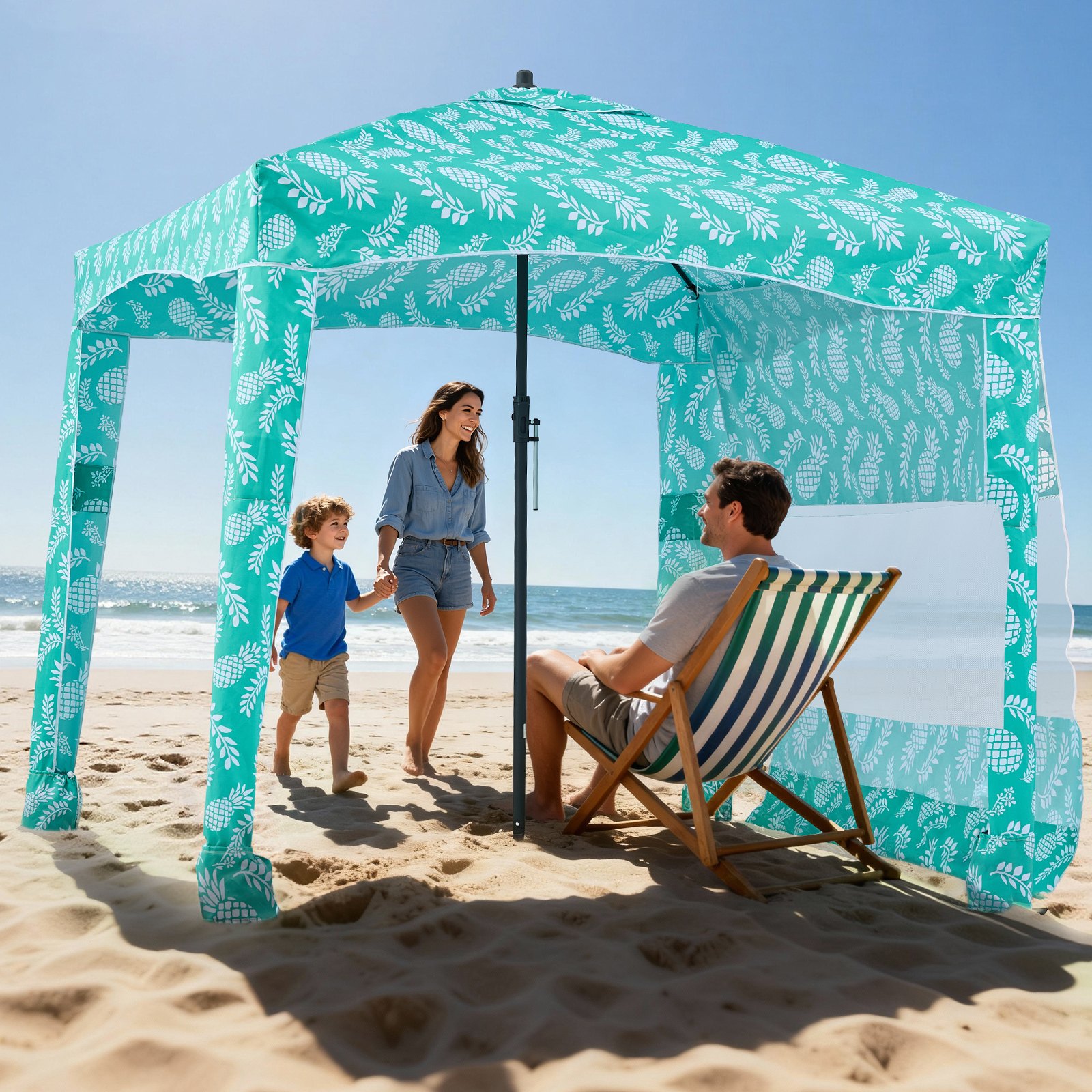 VEVOR Beach Cabana, 1.83 x 1.83 m Beach Canopy with Side Wall, UPF 50+ Protection Easy Setup Cabana Tent with Sand Pockets, Large Portable Shade Sun Shelter Outdoor Umbrella for Whole Family & Friends