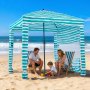 VEVOR Cabaña de Playa con Toldo Lateral, Protección Solar UPF 50+, con Sacos de Arena, Sombrilla Portátil para Toda la Familia, Resistente al Viento, Rayas Verdes y Blancas, 1830 x 1830 x 2290 mm