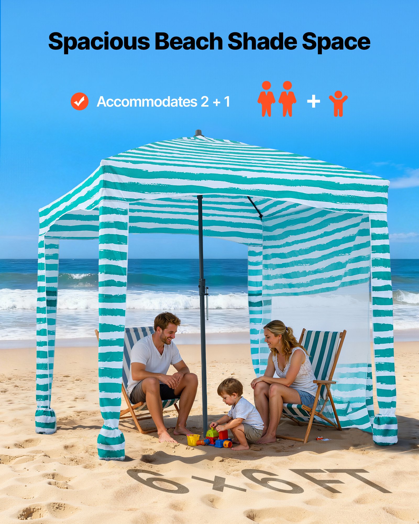 VEVOR Cabaña de Playa con Toldo Lateral, Protección Solar UPF 50+, con Sacos de Arena, Sombrilla Portátil para Toda la Familia, Resistente al Viento, Rayas Verdes y Blancas, 1830 x 1830 x 2290 mm