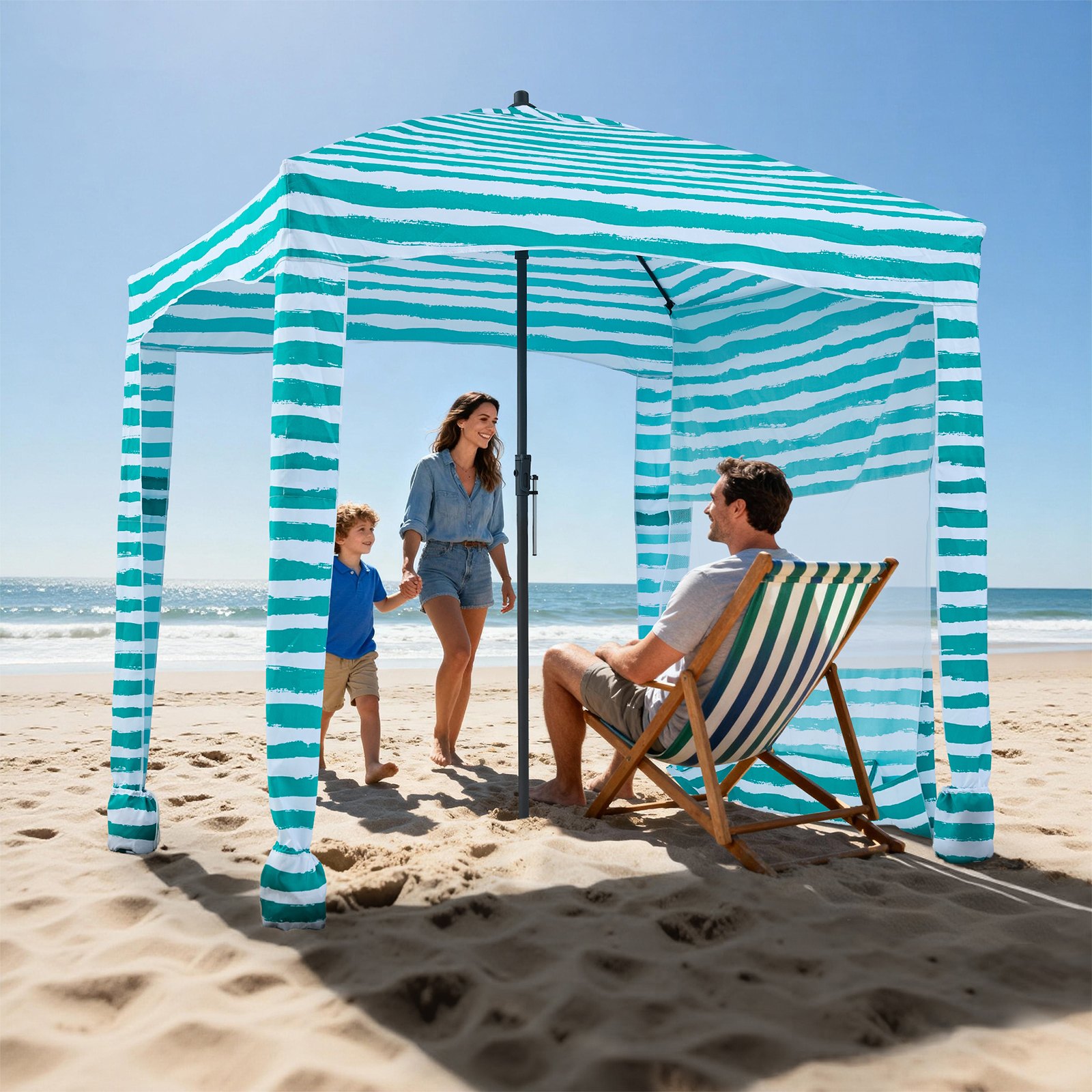 VEVOR Cabaña de Playa con Toldo Lateral, Protección Solar UPF 50+, con Sacos de Arena, Sombrilla Portátil para Toda la Familia, Resistente al Viento, Rayas Verdes y Blancas, 1830 x 1830 x 2290 mm
