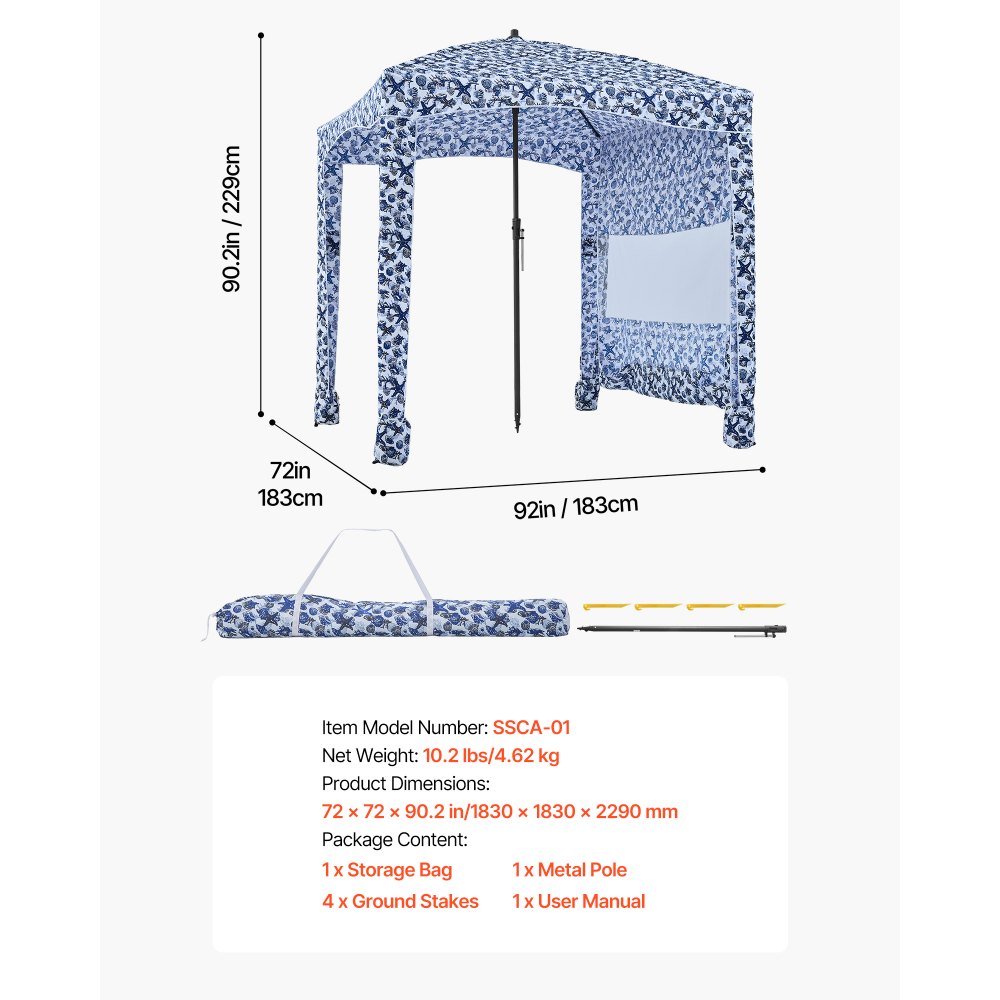VEVOR Beach Cabana, 1.83 x 1.83 m Beach Canopy with Side Wall, UPF 50+ Protection Easy Setup Cabana Tent with Sand Pockets, Large Outdoor Portable Shade, Sun Shelter Umbrella for Whole Family Friends