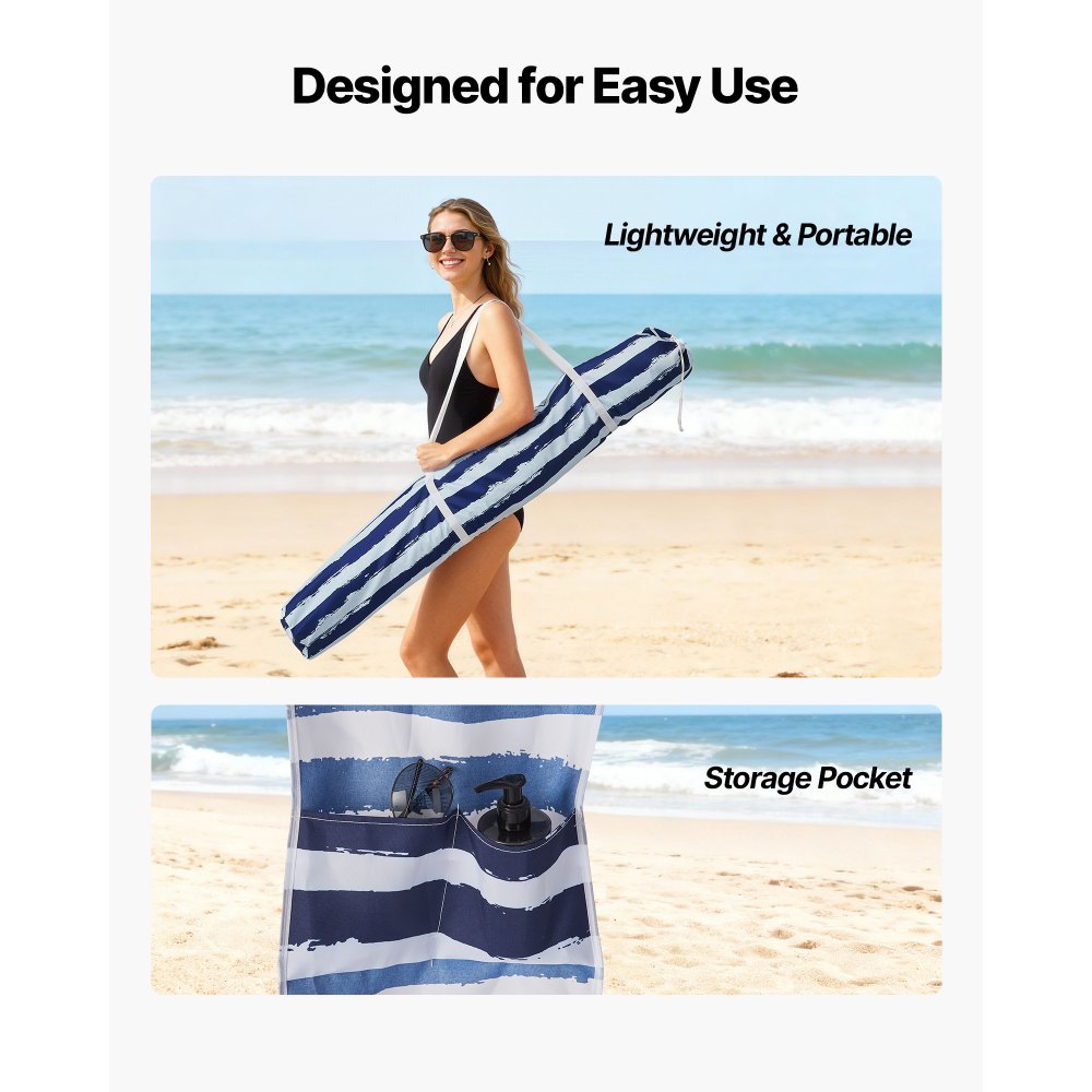 VEVOR Cabaña de Playa con Panel Lateral, Protección Solar UPF 50+, Sacos de Arena, Sombrilla Portátil para Disfrutar en Familia y con Amigos, Rayas Azul Marino y Blanco, 1830 x 1830 x 2290 mm