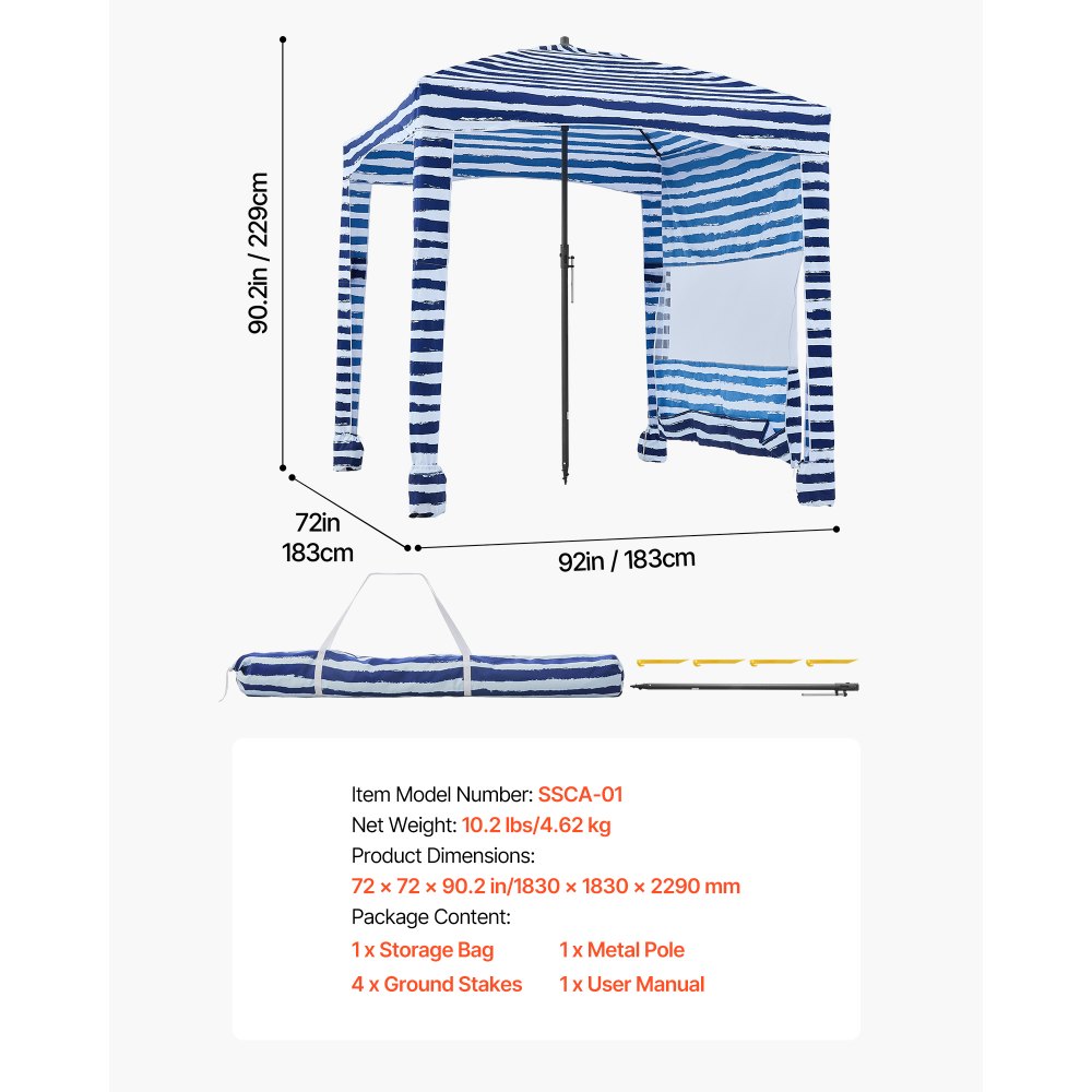 VEVOR Cabaña de Playa con Panel Lateral, Protección Solar UPF 50+, Sacos de Arena, Sombrilla Portátil para Disfrutar en Familia y con Amigos, Rayas Azul Marino y Blanco, 1830 x 1830 x 2290 mm