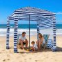 VEVOR Cabaña de Playa con Panel Lateral, Protección Solar UPF 50+, Sacos de Arena, Sombrilla Portátil para Disfrutar en Familia y con Amigos, Rayas Azul Marino y Blanco, 1830 x 1830 x 2290 mm