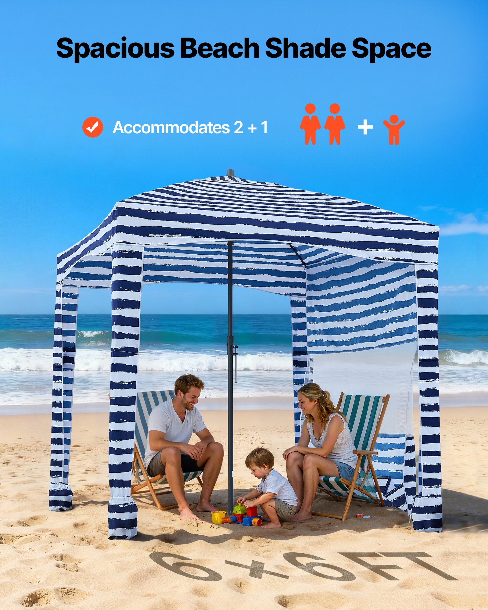 VEVOR Cabaña de Playa con Panel Lateral, Protección Solar UPF 50+, Sacos de Arena, Sombrilla Portátil para Disfrutar en Familia y con Amigos, Rayas Azul Marino y Blanco, 1830 x 1830 x 2290 mm