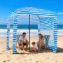 VEVOR Cabaña de Playa con Toldo Lateral, Protección Solar UPF 50+, Incluye Sacos de Arena, Sombrilla Portátil para Disfrutar en Familia o con Amigos, Rayas Azules y Blancas, 1830 x 1830 x 2290 mm