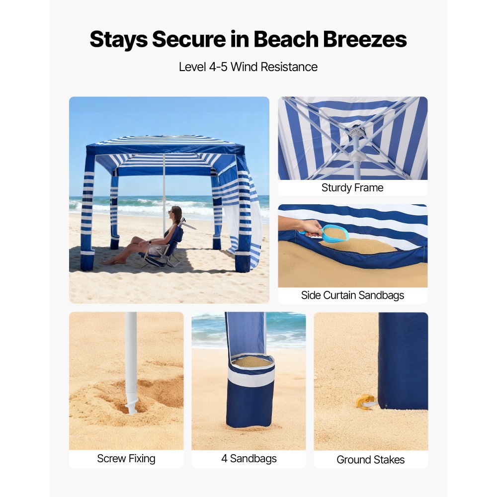 VEVOR Cabaña de Playa con Pared Lateral, Protección Solar UPF 50+, con Sacos de Arena, Toldo Portátil y Ajustable en Altura para Familias, Rayas Azul Marino, 2400 x 2400 x 2400 mm, 4-5 Personas