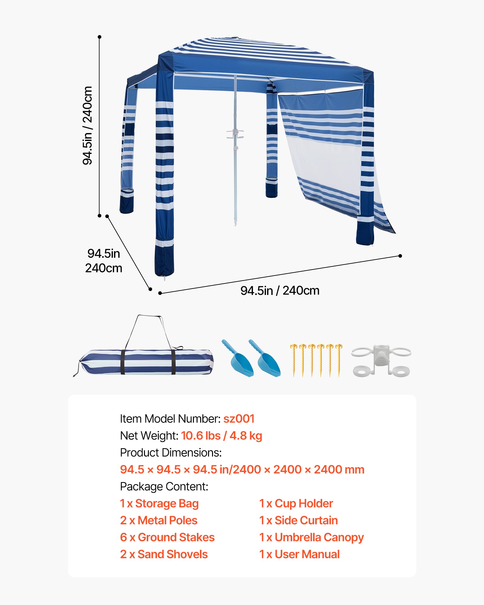 VEVOR Cabaña de Playa con Pared Lateral, Protección Solar UPF 50+, con Sacos de Arena, Toldo Portátil y Ajustable en Altura para Familias, Rayas Azul Marino, 2400 x 2400 x 2400 mm, 4-5 Personas