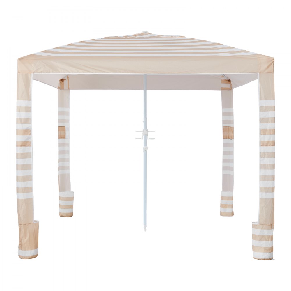 VEVOR Cabaña de Playa de 2,4 x 2,4 m, con Pared Lateral, Protección Solar UPF 50+, Incluye Sacos de Arena, Altura Ajustable y Portátil, Ideal para Toda la Familia y Amigos, Rayas Caqui y Blanco