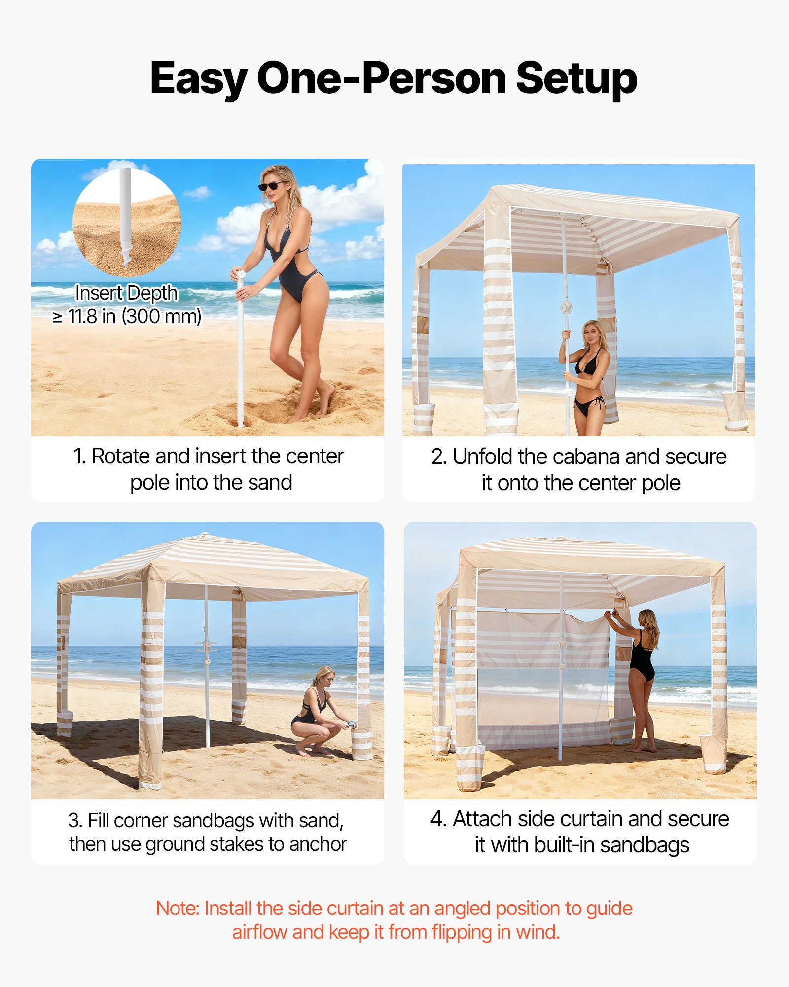 VEVOR Cabaña de Playa de 2,4 x 2,4 m, con Pared Lateral, Protección Solar UPF 50+, Incluye Sacos de Arena, Altura Ajustable y Portátil, Ideal para Toda la Familia y Amigos, Rayas Caqui y Blanco